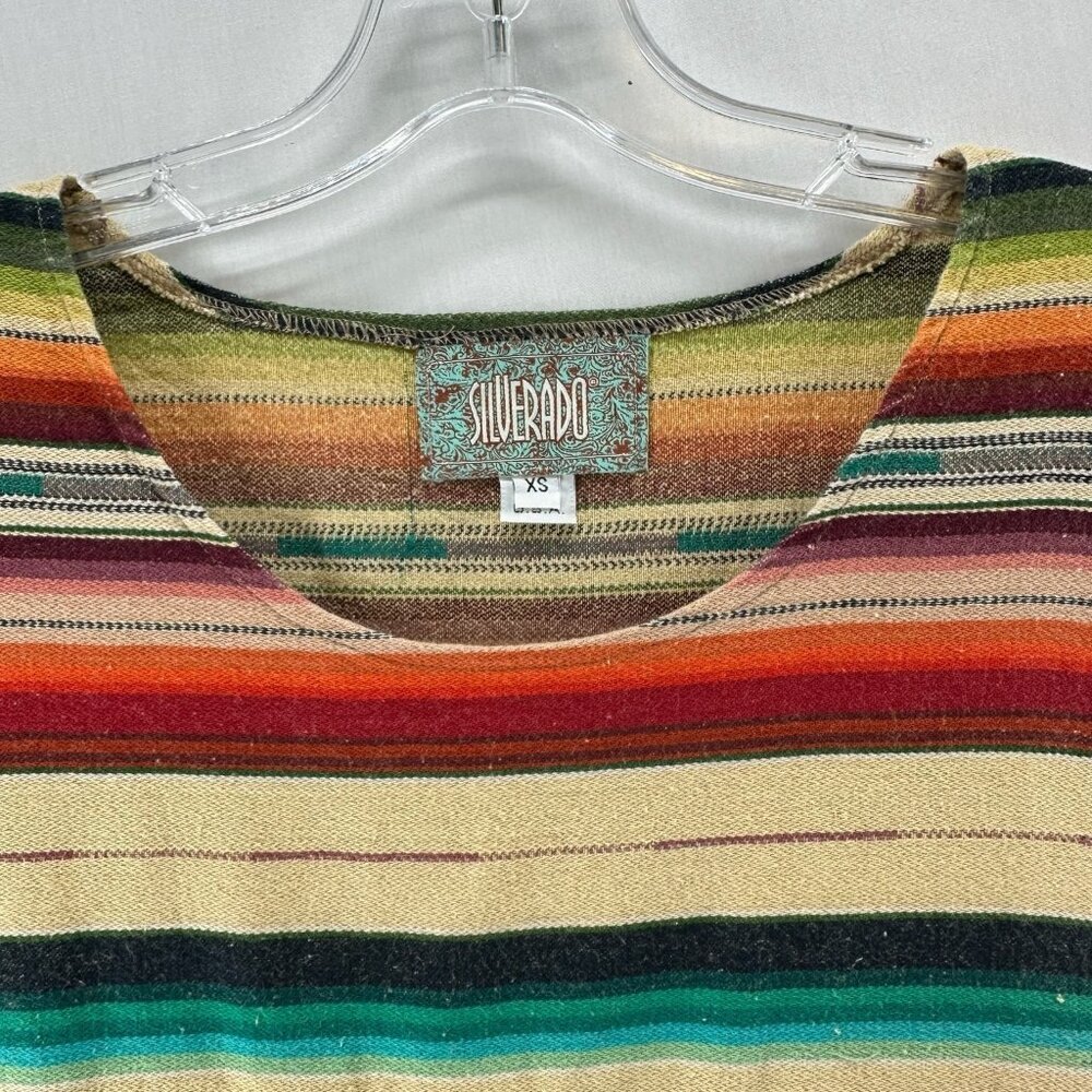 Silverado Southwestern Top Womens XS Boho Piper Pom Pom Trim Serape Striped Blue - Picture 9 of 9